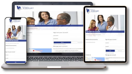 Mobile options showing member portal for William C Earhart Company.